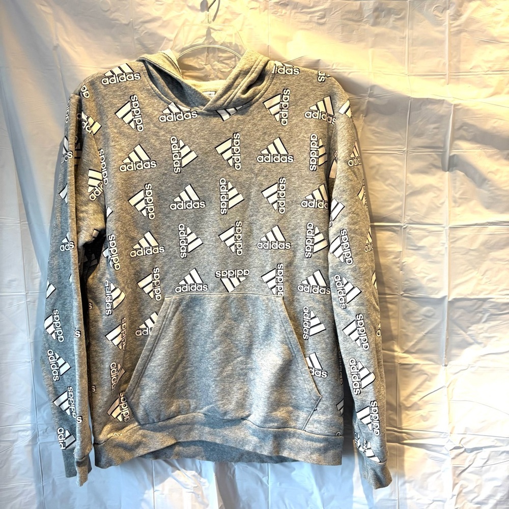 Adidas Gray White Logo all over fleece hoodie SZ L Worn. See all pictures